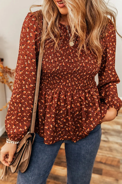 Floral Smocked Ruffle Hem Long Sleeve Blouse-Nordavory