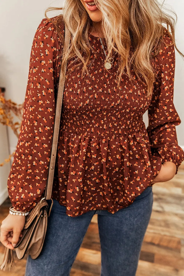 Floral Smocked Ruffle Hem Long Sleeve Blouse-Nordavory