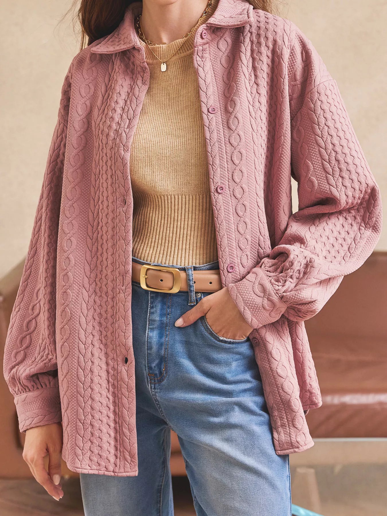 Cable Texture Puff Sleeve Loose Shacket-Nordavory