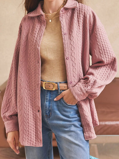 Cable Texture Puff Sleeve Loose Shacket-Nordavory