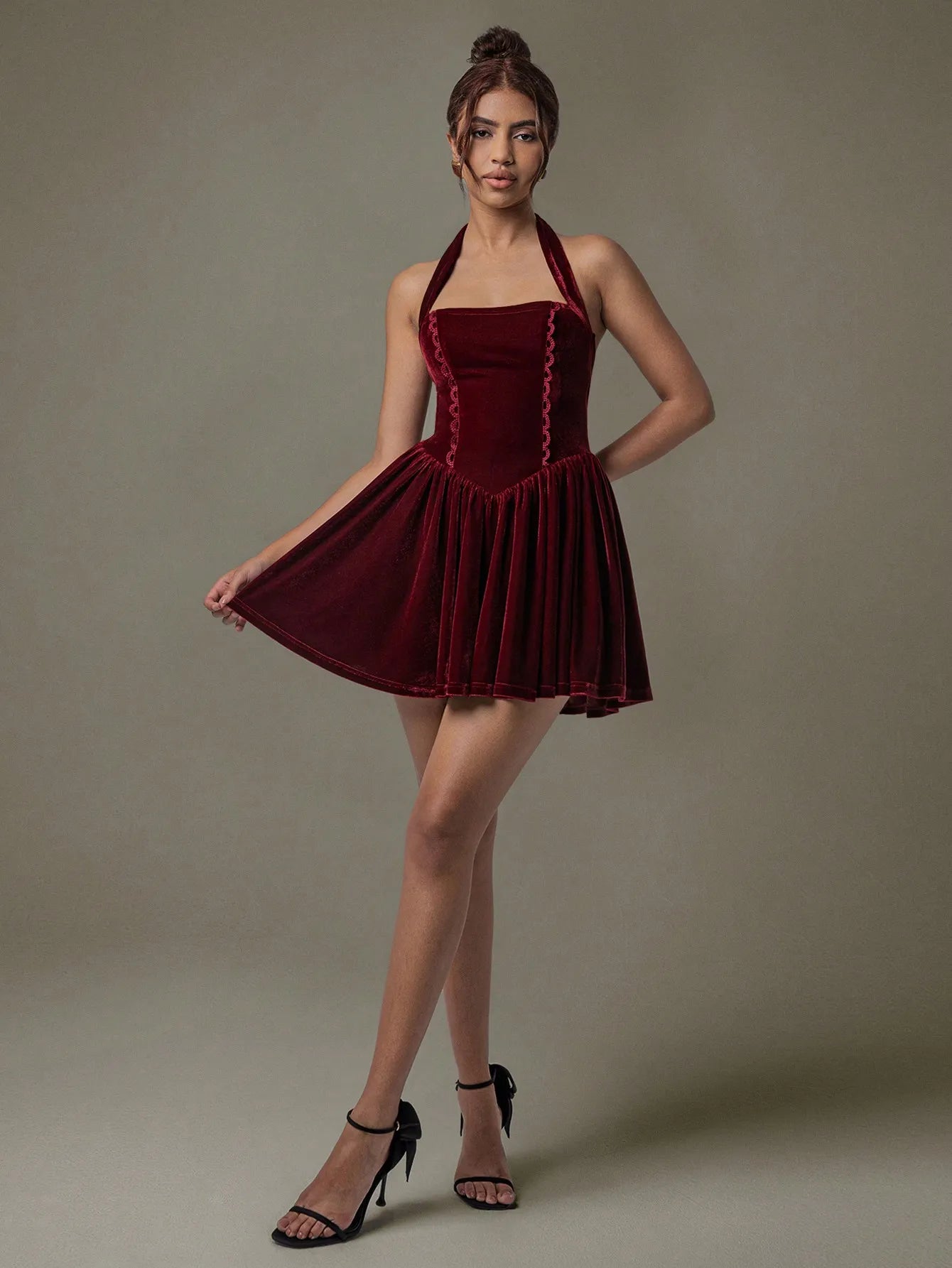 Velvet Halter Skater Dress-Nordavory