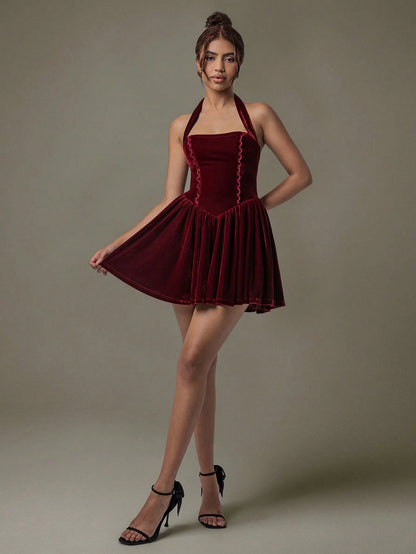 Velvet Halter Skater Dress-Nordavory