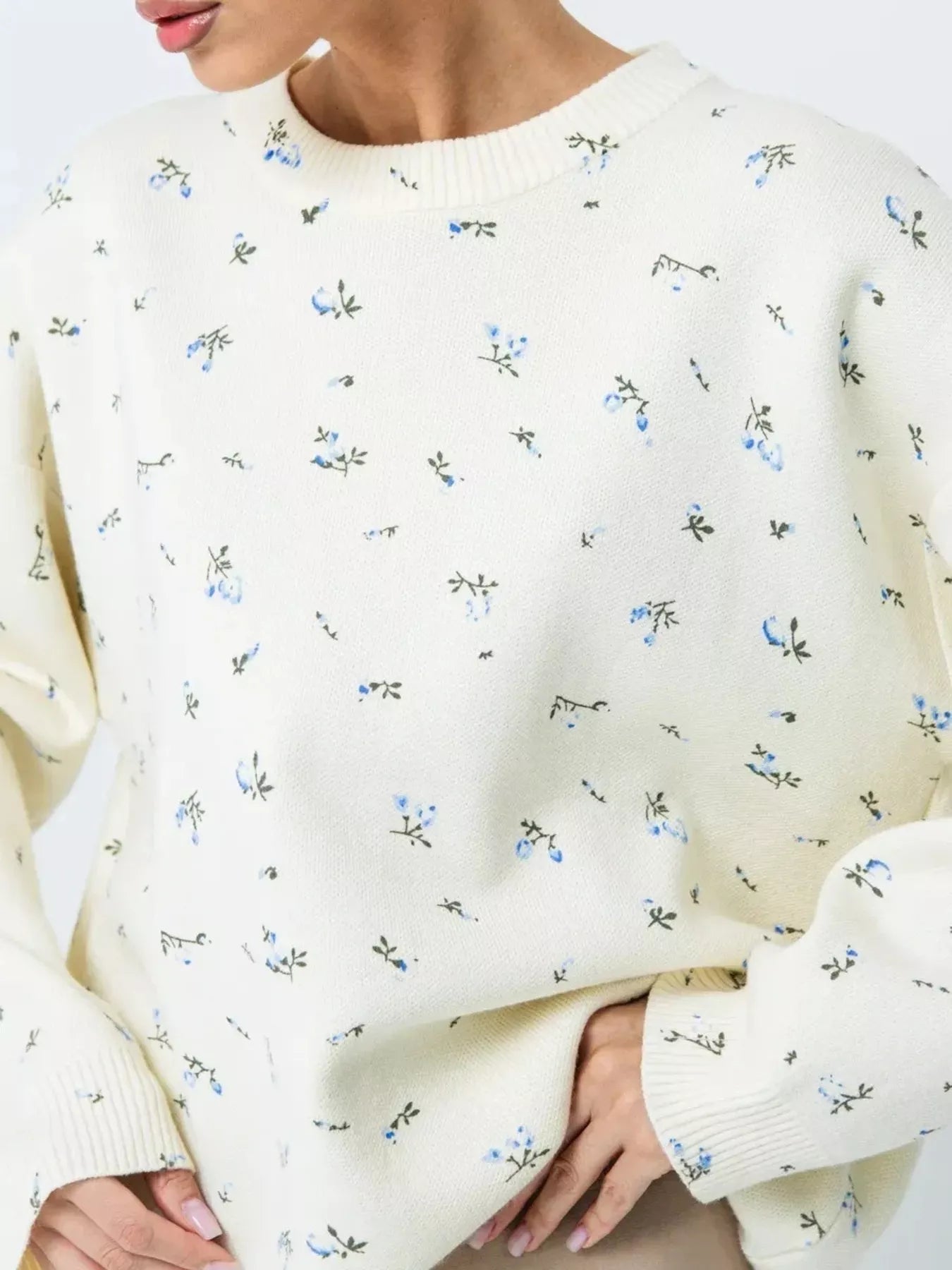 Ribbed Hem Floral Long Sleeve Sweater-Nordavory