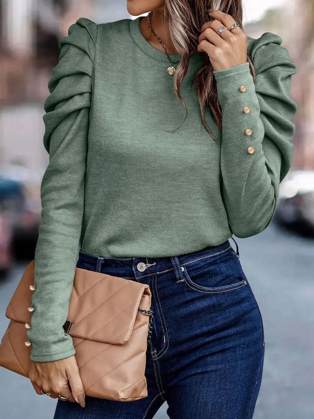 Round Neck Puff Sleeve Sleeve Blouse-Nordavory