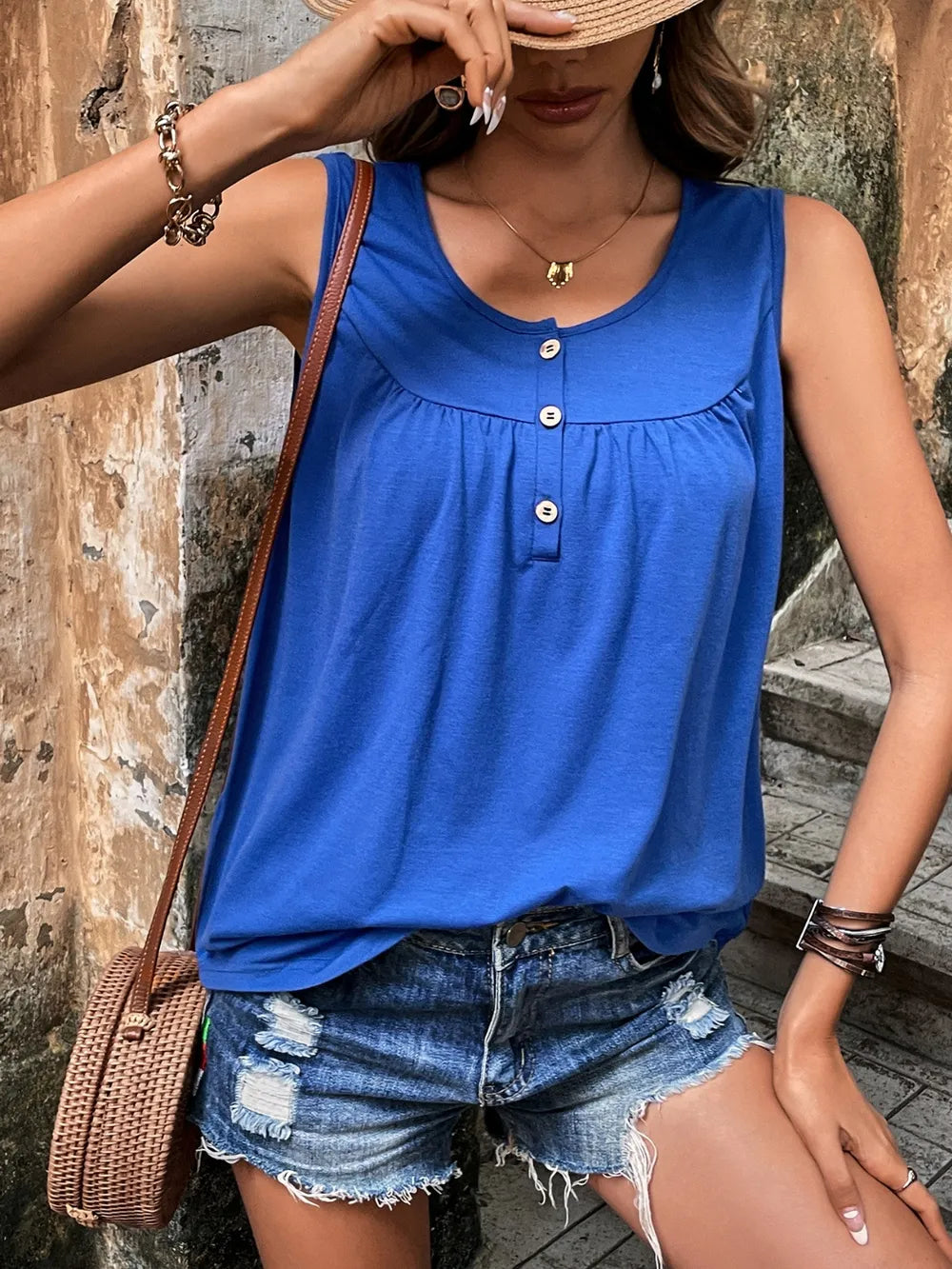 Button Detail Round Neck Tank-Nordavory