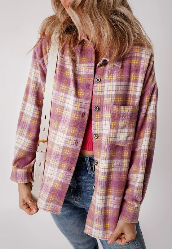 Plaid Collared Neck Button Up Shacket-Nordavory