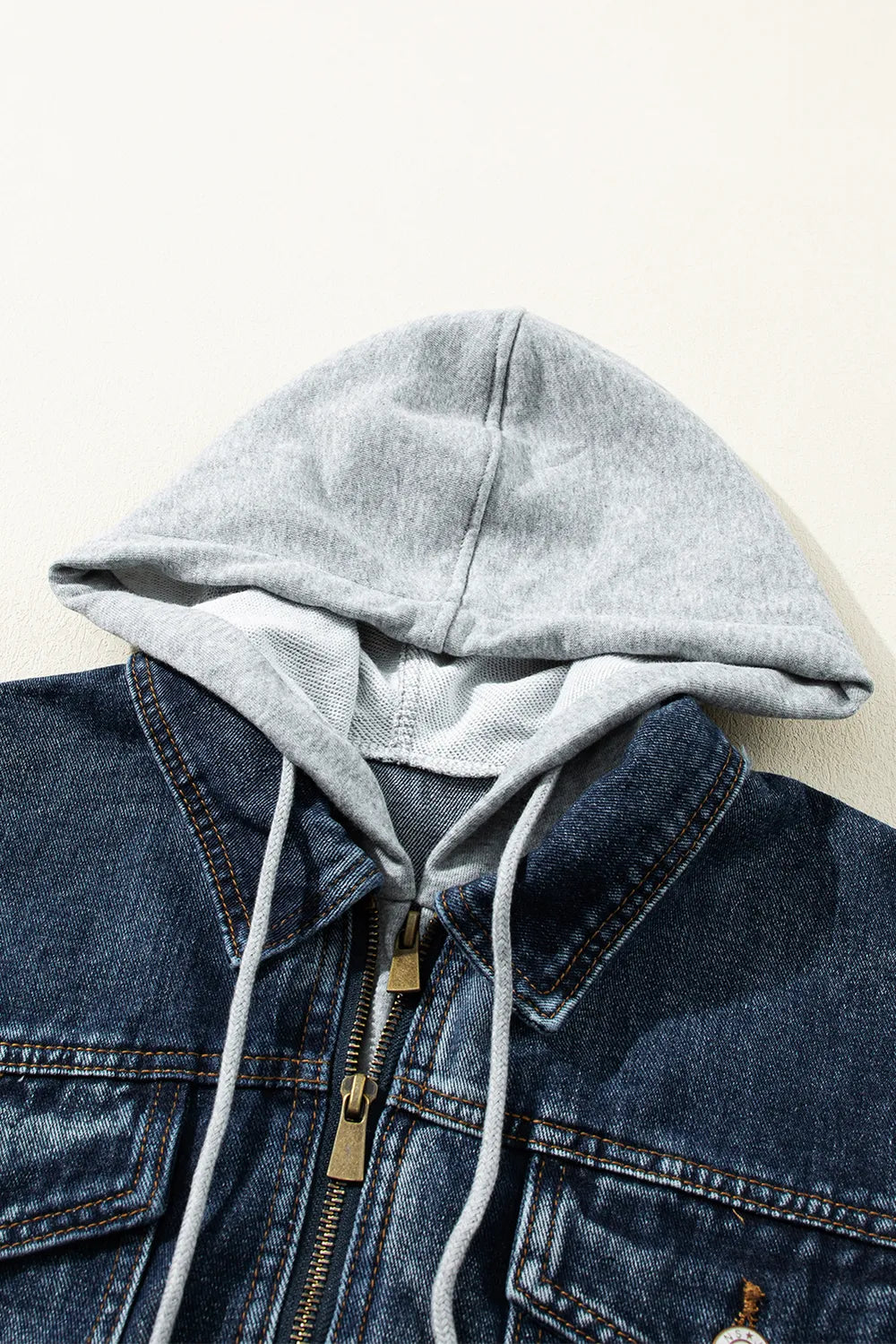 Fake Two-Piece Hooded Zip-Up Denim Jacket-Nordavory