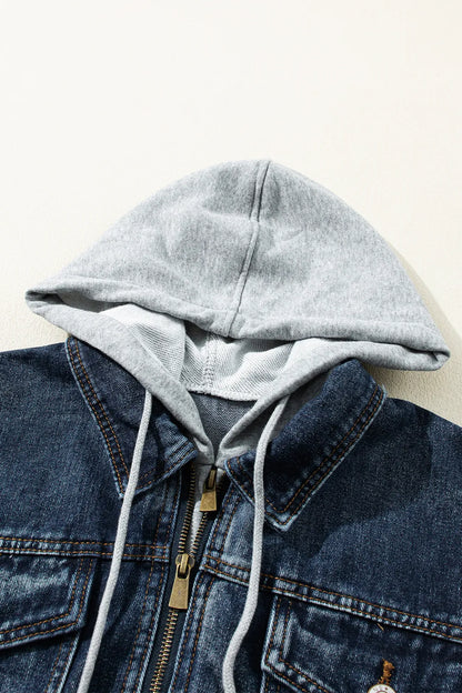 Fake Two-Piece Hooded Zip-Up Denim Jacket-Nordavory