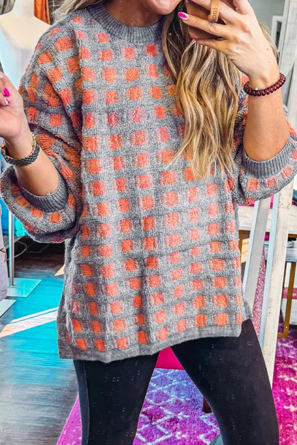 Plaid Round Neck Dropped Shoulder Sweater-Nordavory