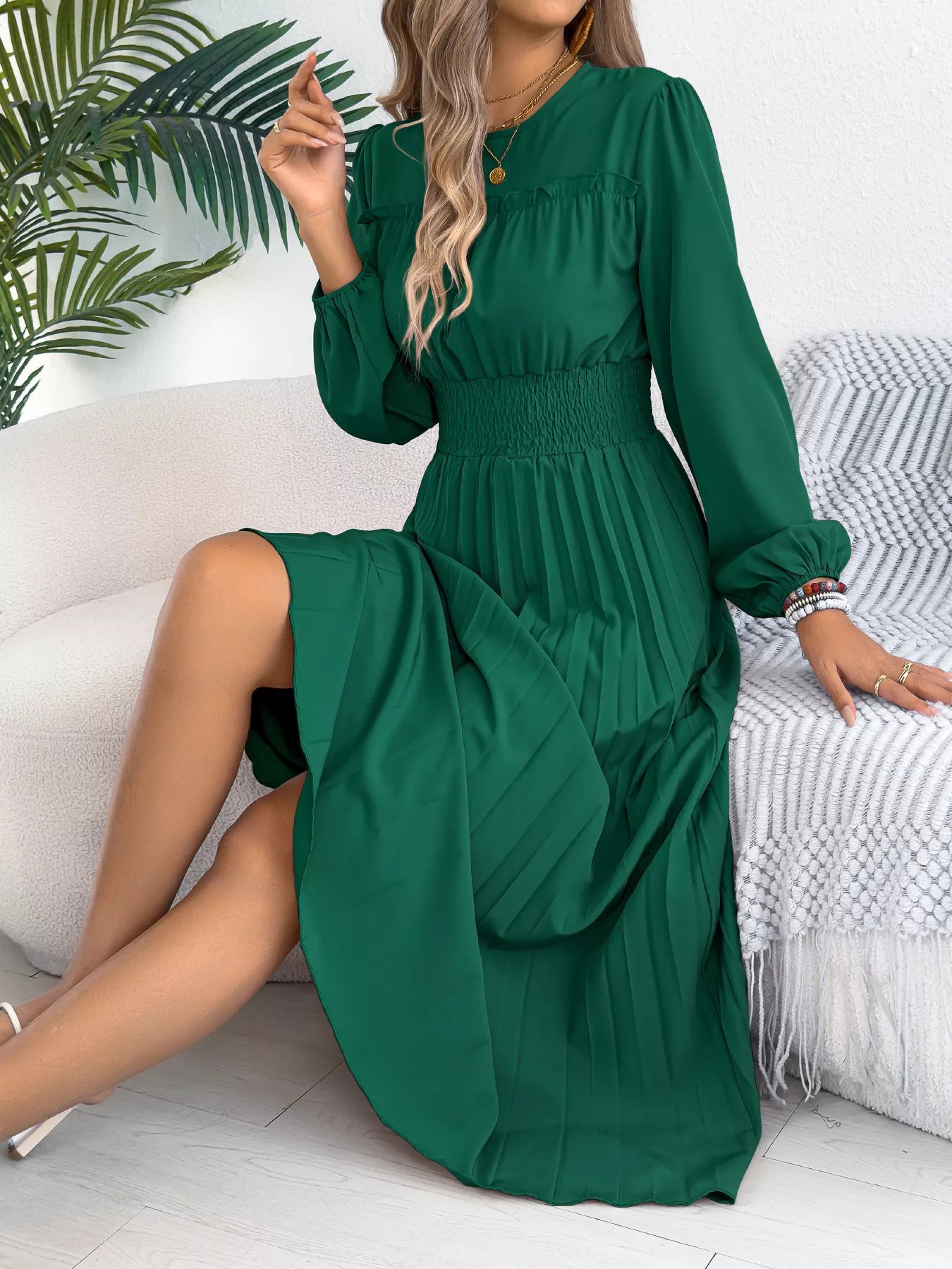 Smocked Pleated Long Sleeve Midi Dress-Nordavory