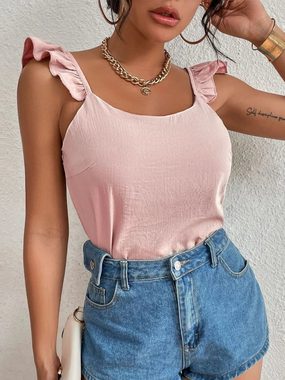 Backless Ruffled Scoop Neck Tank-Nordavory