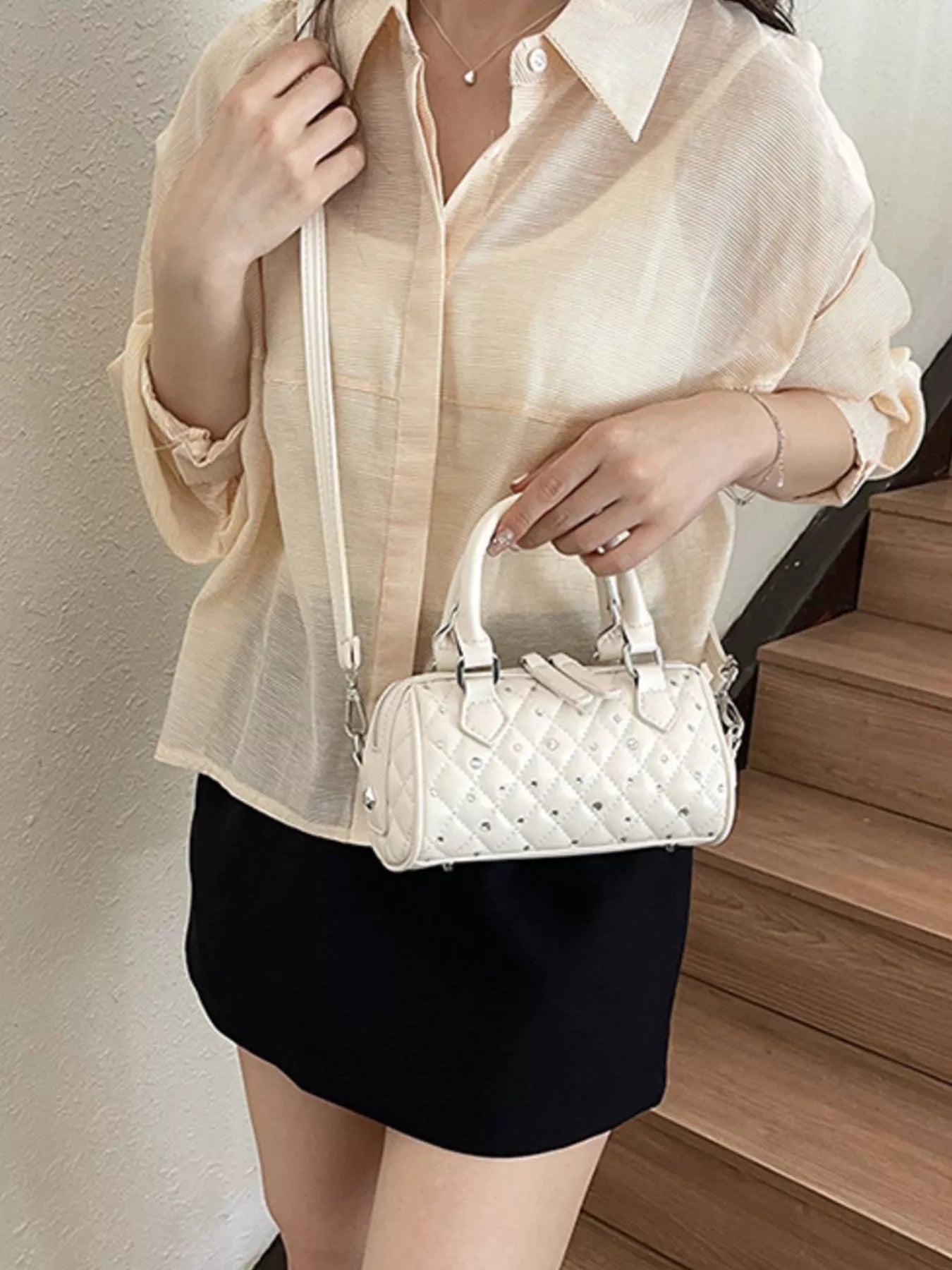 Quilted Barrel Handbag – Off-White PU Leather – image 3