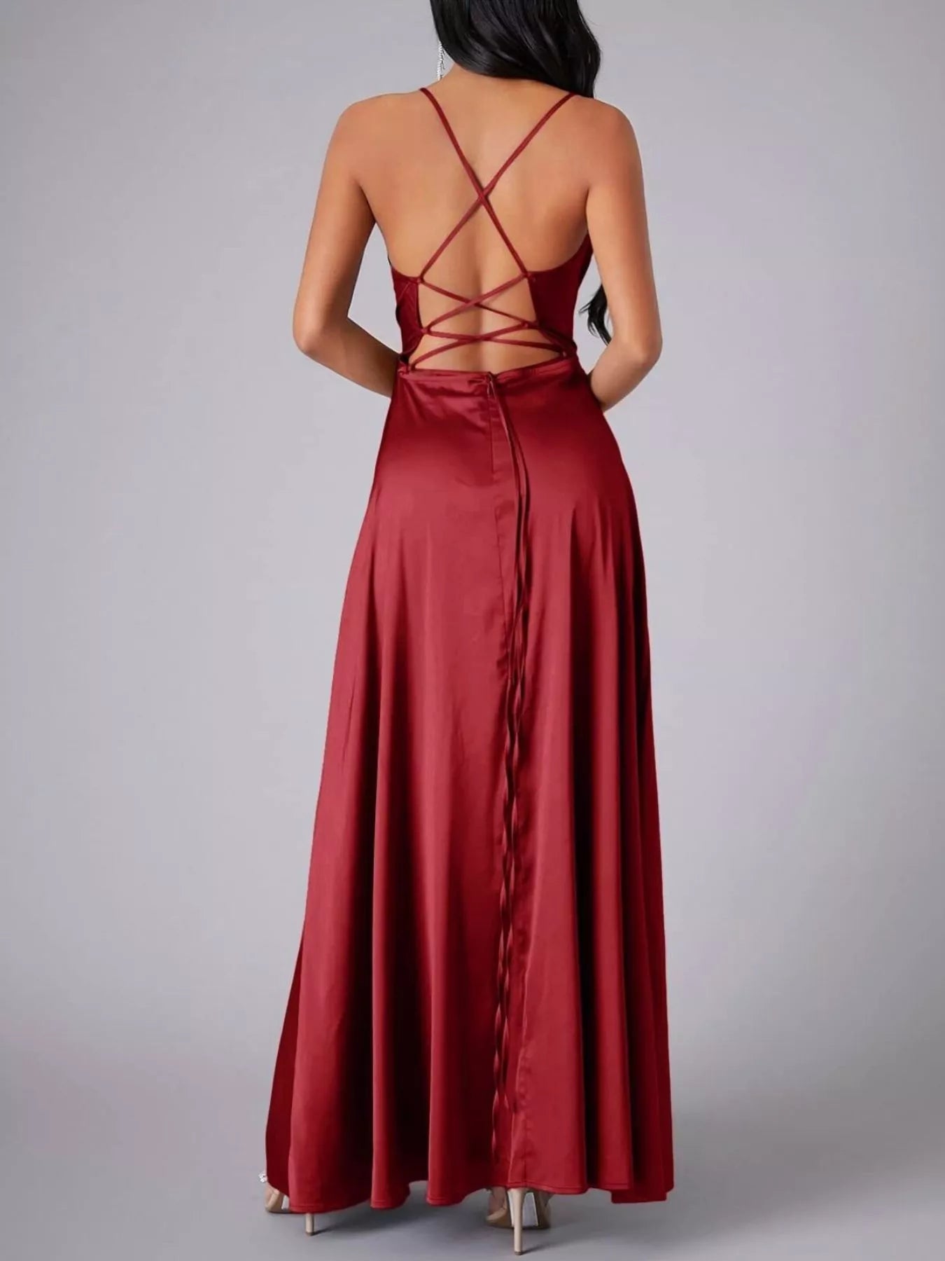 Lace Up Back Split Maxi Dress-Nordavory