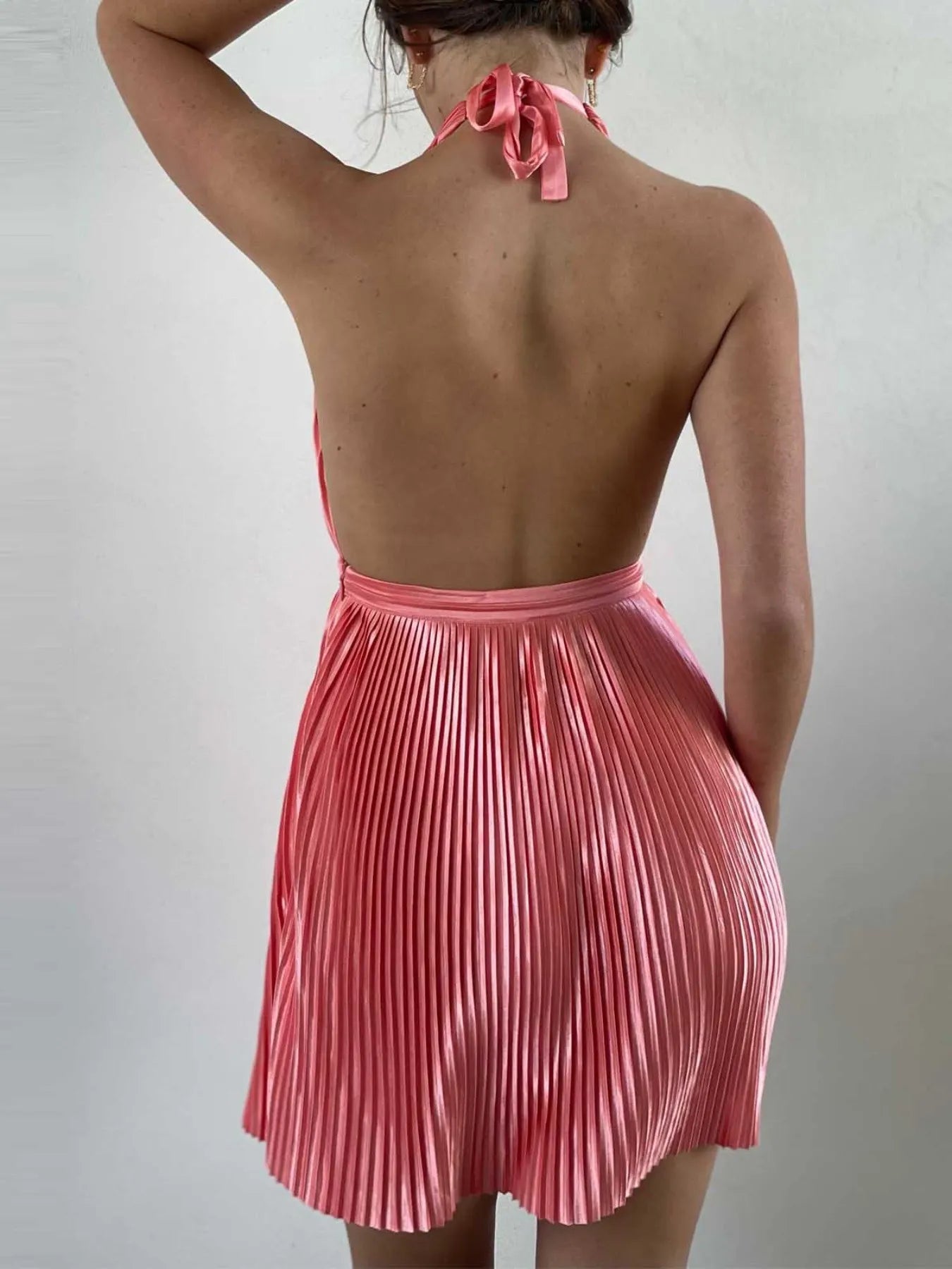 Pleated Halter Neck Mini Dress-Nordavory