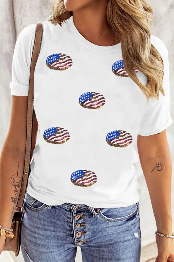 Sequined Flag Round Neck Short Sleeve T Shirt-Nordavory