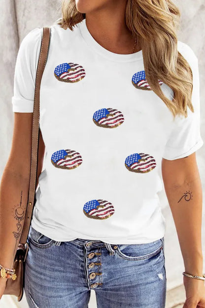 Sequined Flag Round Neck Short Sleeve T Shirt-Nordavory