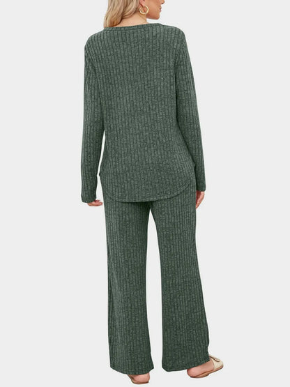 Round Neck Long Sleeve Top and Pants Set-Nordavory