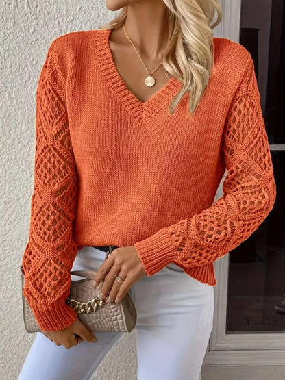 V-Neck Crochet Sleeve Sweater-Nordavory