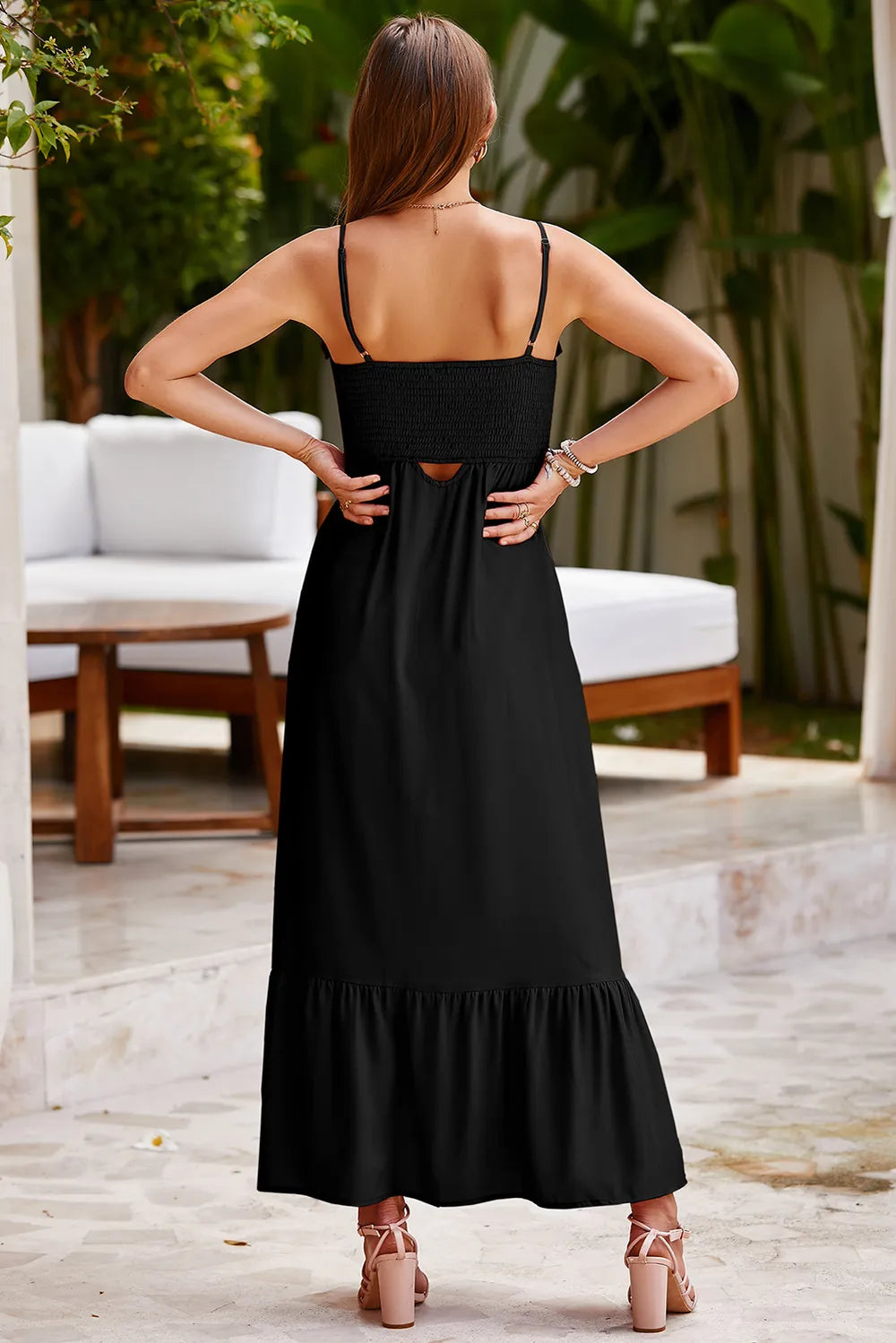 Smocked Spaghetti Strap Ruffle Hem Dress-Nordavory
