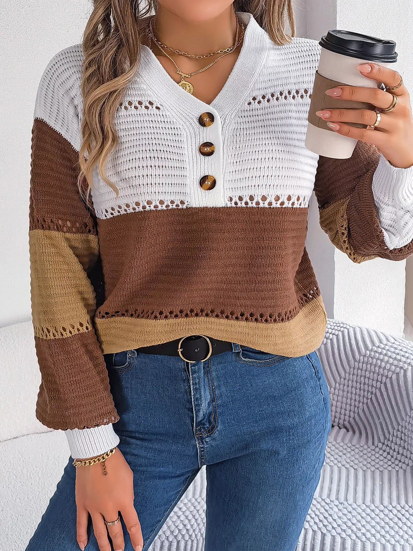Color Block Striped V-Neck Button Detail Sweater-Nordavory