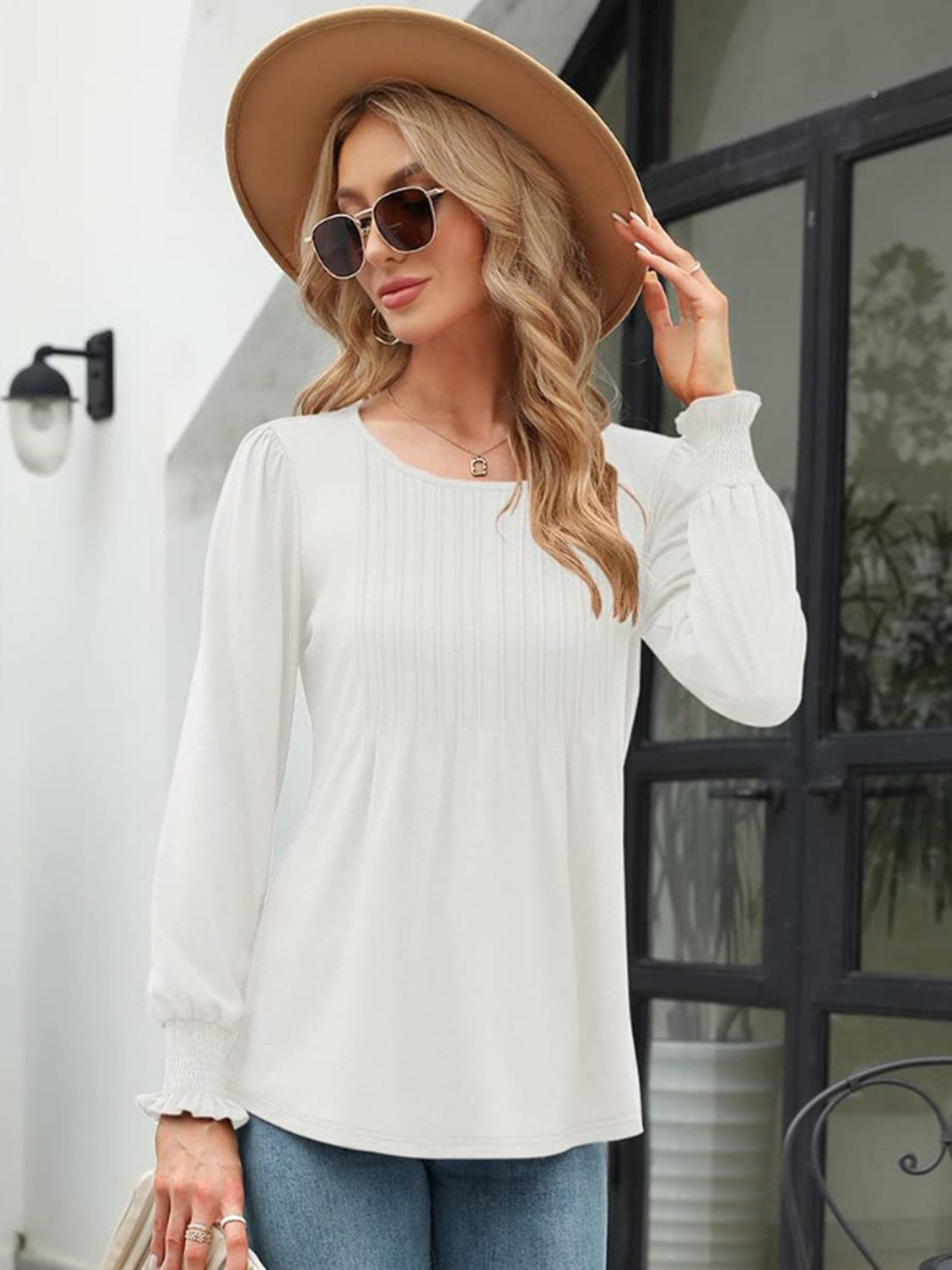 Smocked Round Neck Lantern Sleeve Blouse-Nordavory