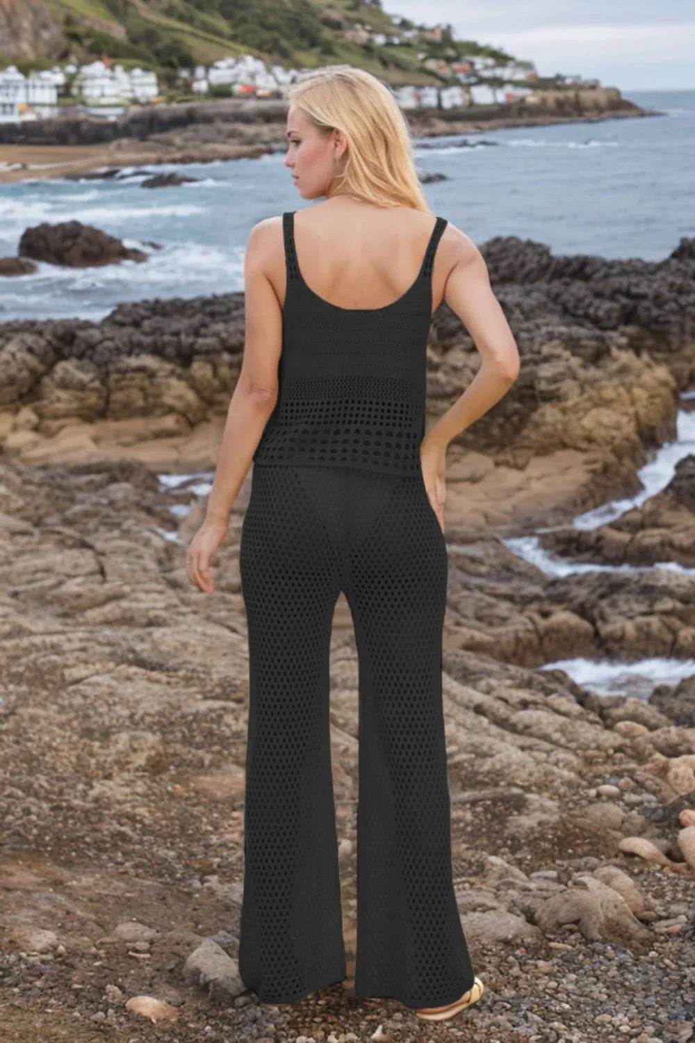 Hollow Out Round Neck Top and Pants Sweater Cover Up Set-Nordavory