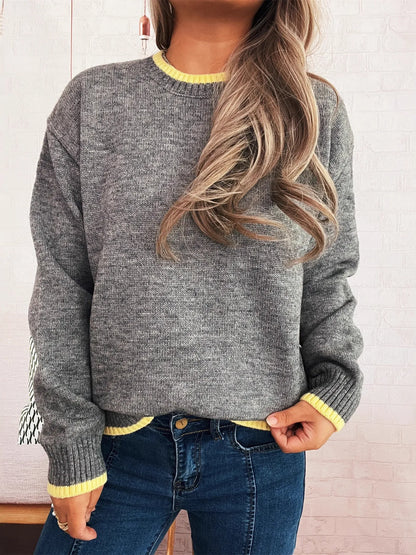 Ribbed Contrast Trim Long Sleeve Sweater-Nordavory