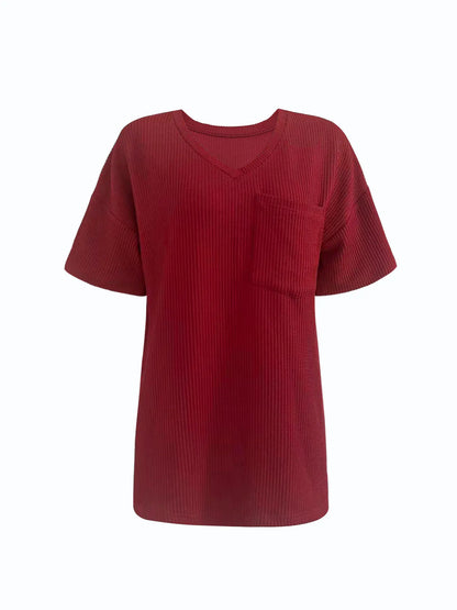 Ribbed V-Neck Oversized T-Shirt-Nordavory
