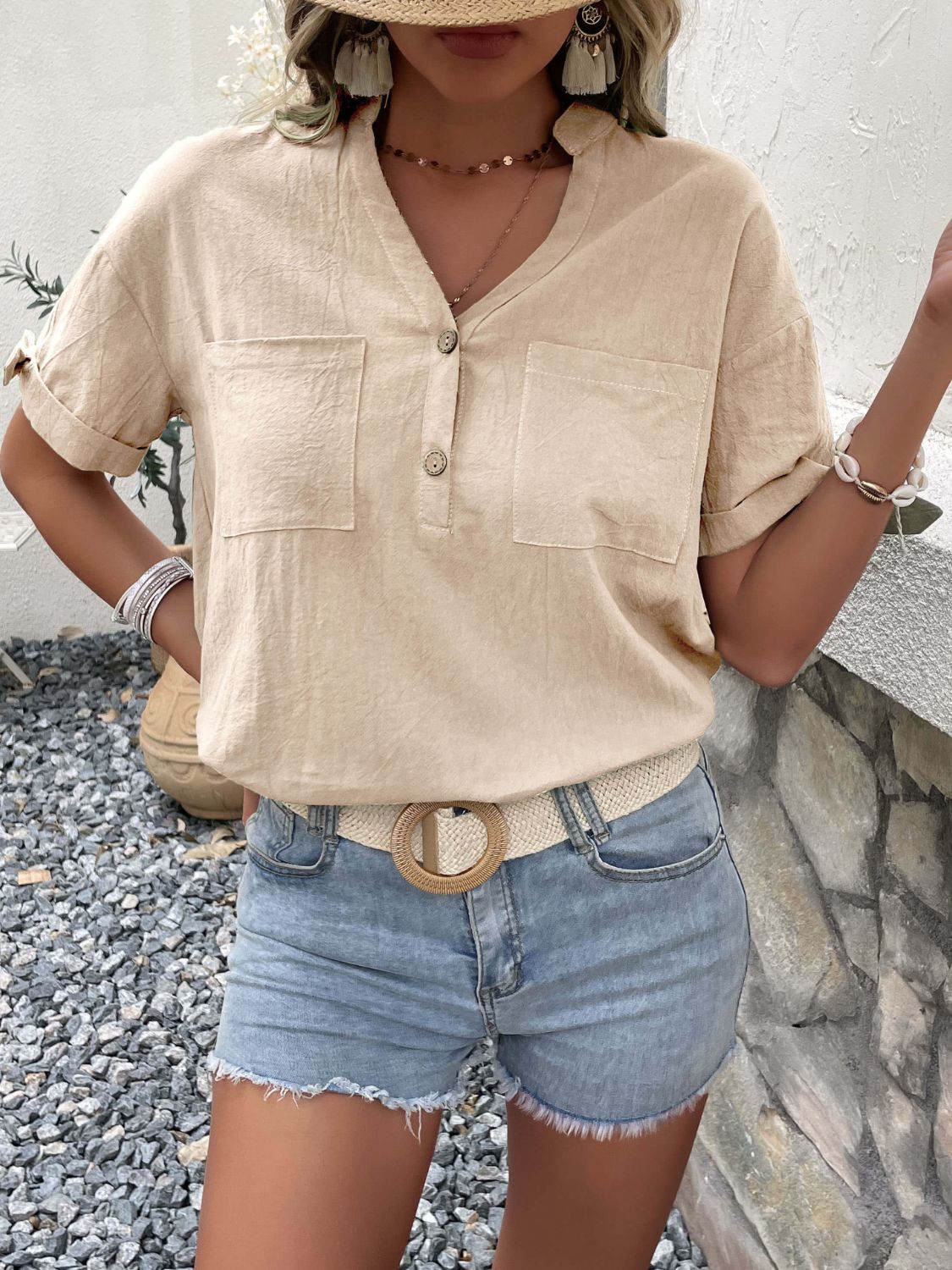 Perfee Buttoned Notched Neck Cuffed Sleeve Blouse-Nordavory