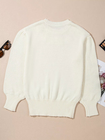 Flower Detail Round Neck Contrast Textured Puff Sleeve Sweater-Nordavory