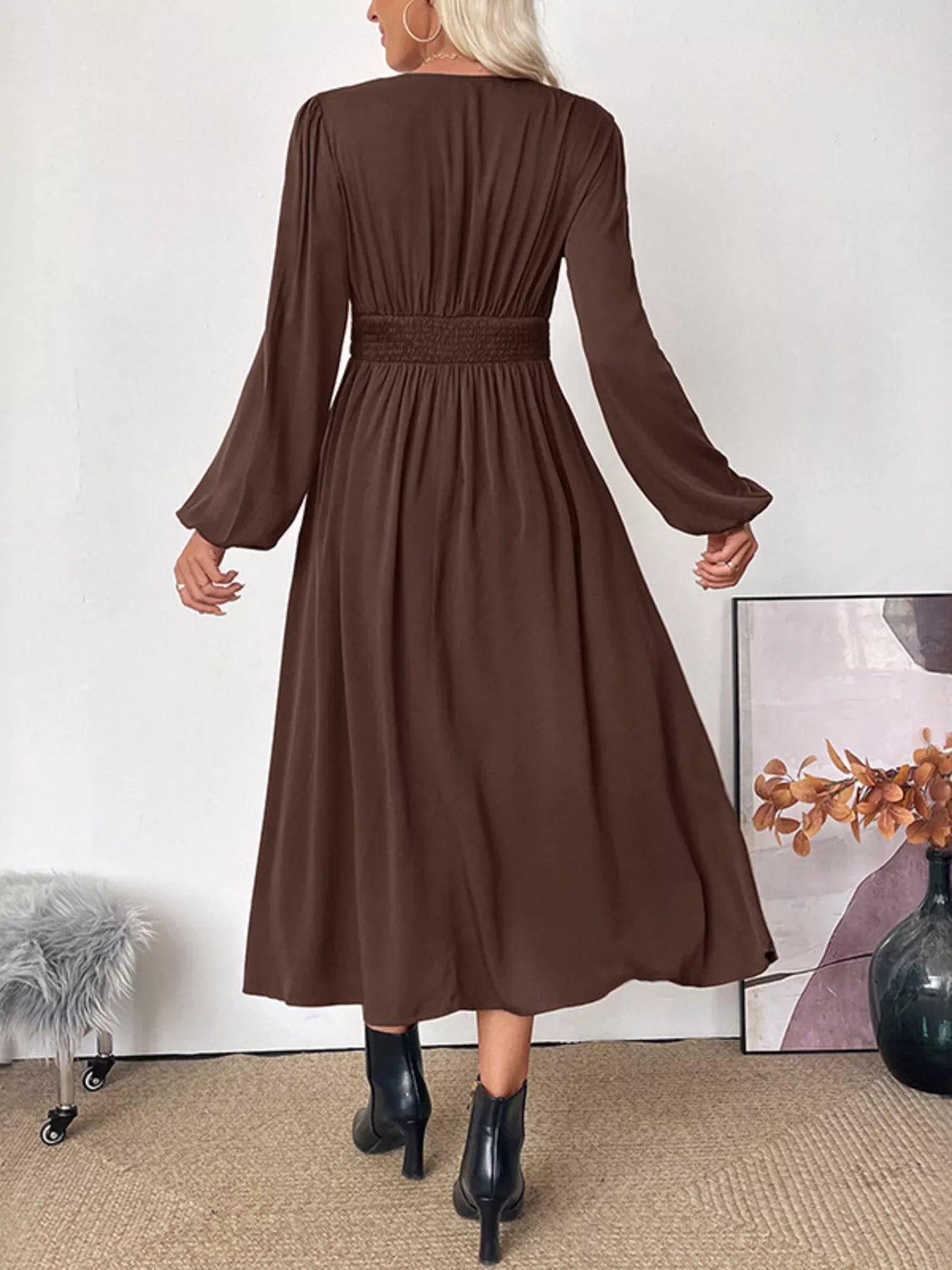 V-Neck Balloon Sleeve Midi Dress-Nordavory