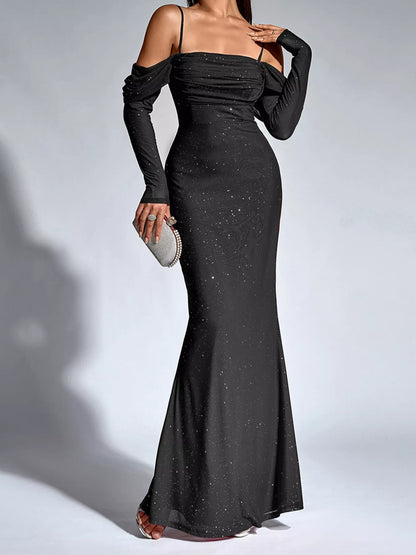 Glitter Ruched Long Sleeve Mermaid Maxi Dress-Nordavory