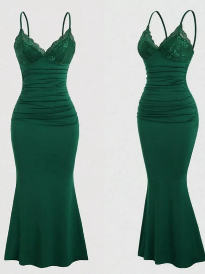 Lace Trim Ruched Mermaid Dress-Nordavory