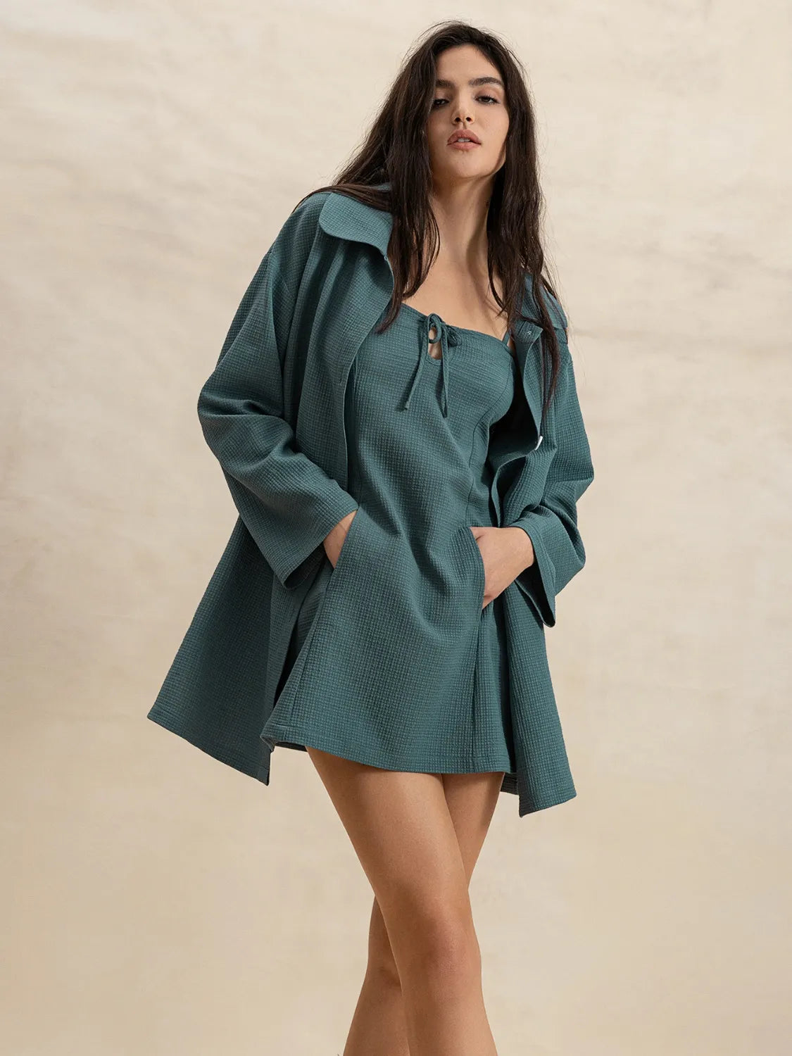 Tie Shoulder Mini Dress and Long Sleeve Top Set-Nordavory
