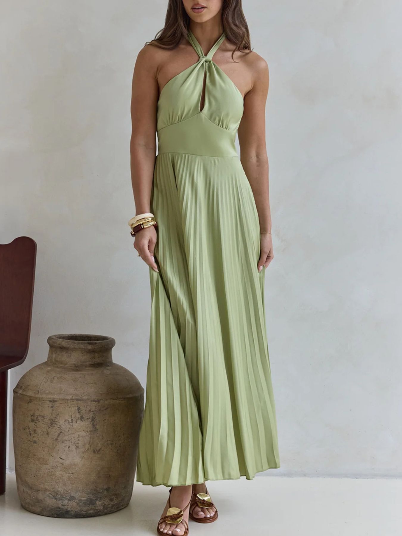 Halter Neck Pleated A-Line Dress-Nordavory