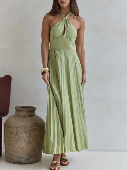 Halter Neck Pleated A-Line Dress-Nordavory