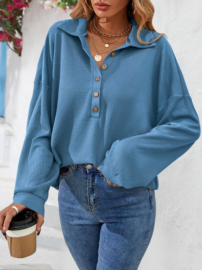 Half Button Collared Neck Long Sleeve Top-Nordavory