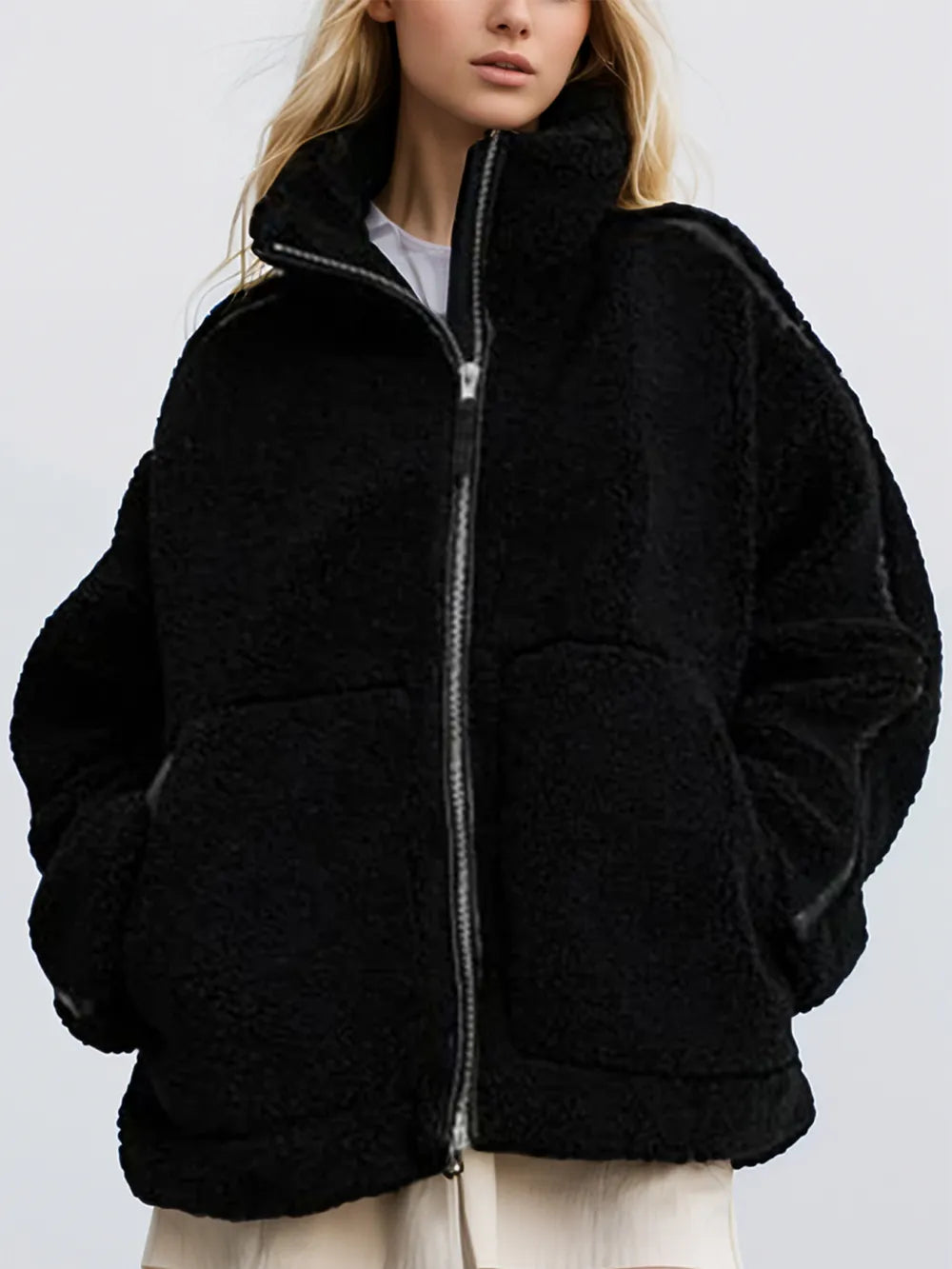 Zip Up Turtleneck Long Sleeve Plush Jacket-Nordavory