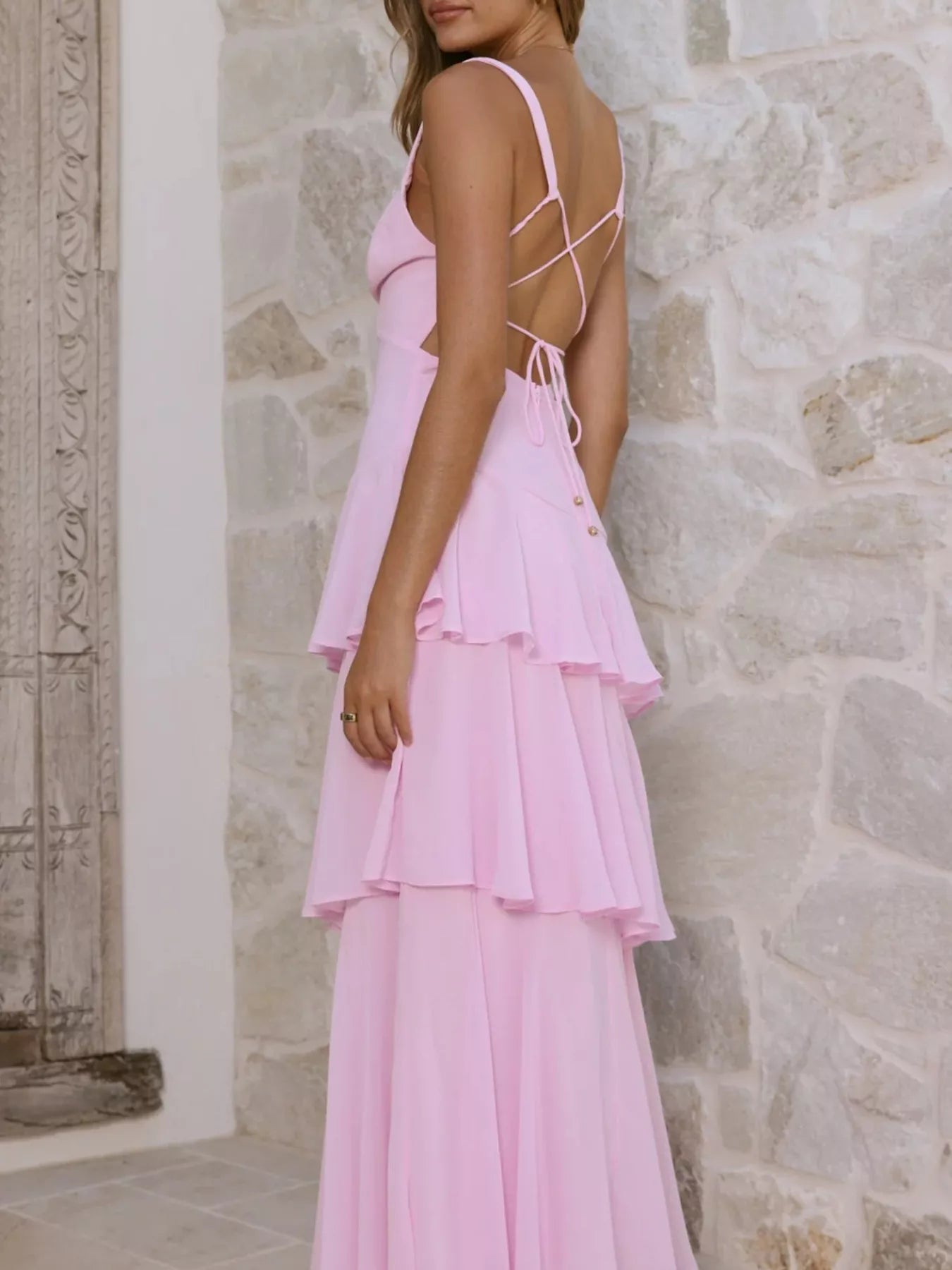 Sleeveless Ruffled Layered Backless Maxi Dress-Nordavory