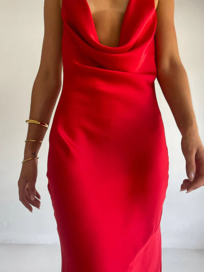 Halter Neck Satin Maxi Dress-Nordavory