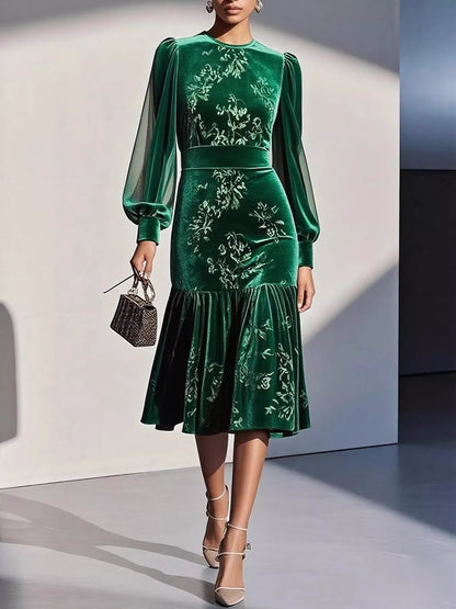 Velvet Floral Lantern Sleeve Midi Dress-Nordavory