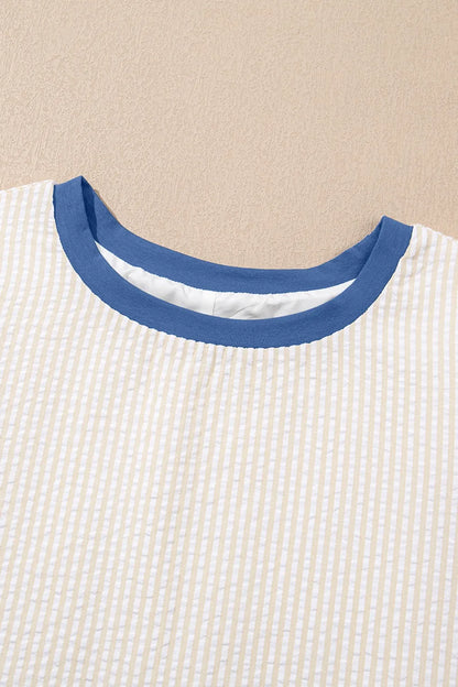 Stripe Seersucker Contrast Round Neck Puff Sleeve T Shirt Dress-Nordavory