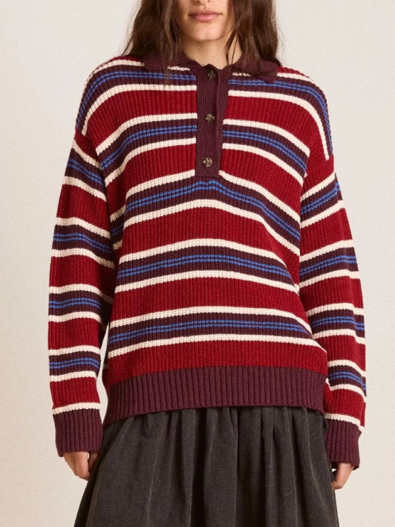 Striped Button Detail Polo Collar Sweater-Nordavory