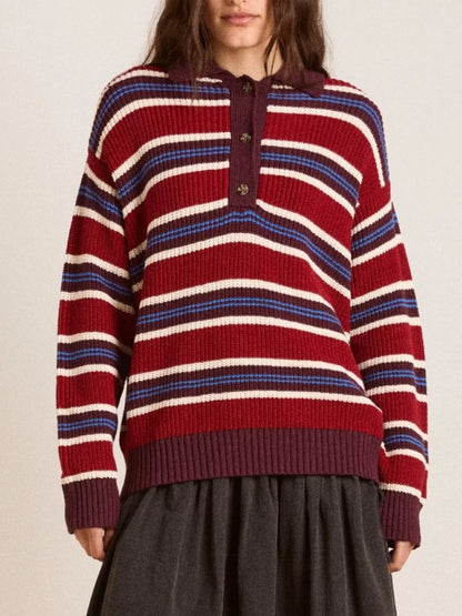 Striped Button Detail Polo Collar Sweater-Nordavory