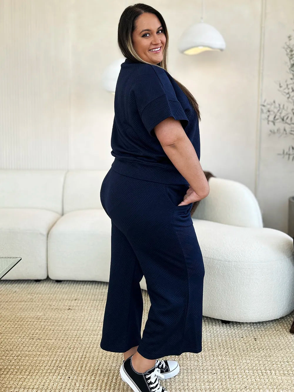 Double Take Full Size Texture Short Sleeve Top and Pants Set-Nordavory