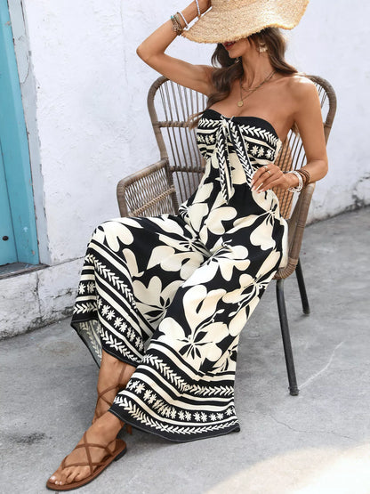 Floral Print Strapless Tie Front Wide Leg Jumpsuit-Nordavory