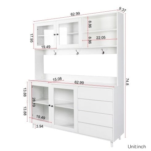63W Large Kitchen Hutch Cabinet, Freestanding Pantry Cabinets Storage - Nordavory