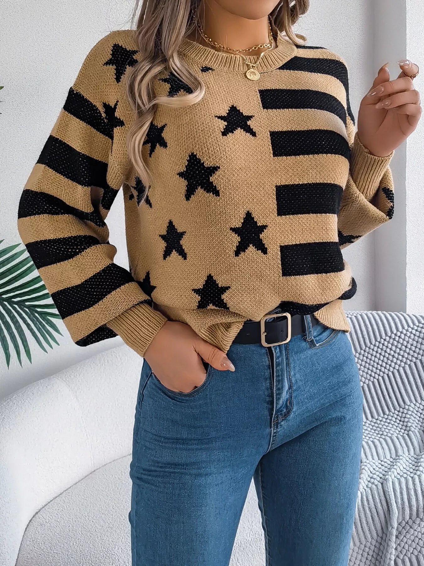 Stars and Stripes Pattern Casual Round Neck Sweater-Nordavory