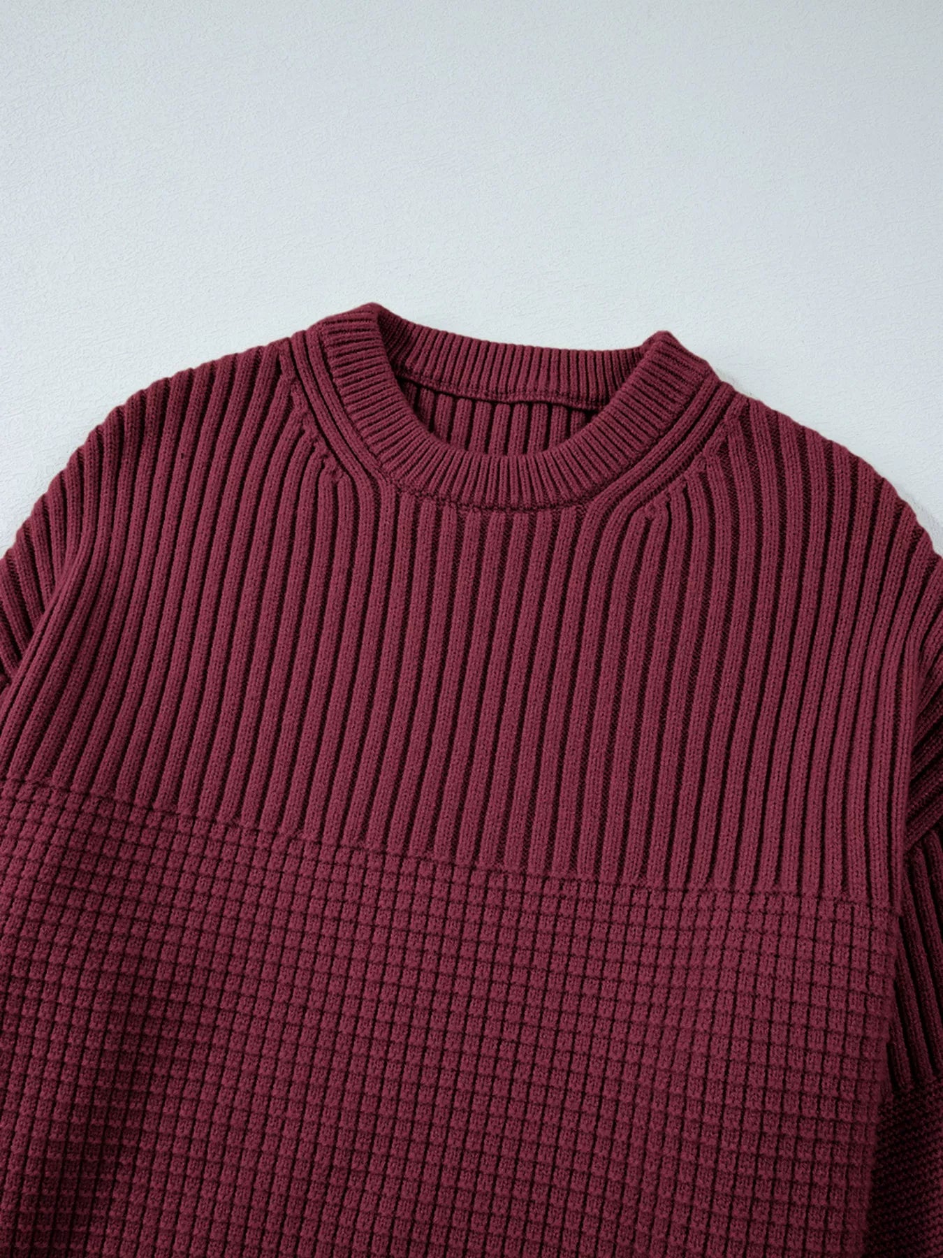 Solid Color Mixed Textured Knitted Crew Neck Sweater-Nordavory