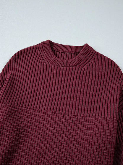 Solid Color Mixed Textured Knitted Crew Neck Sweater-Nordavory